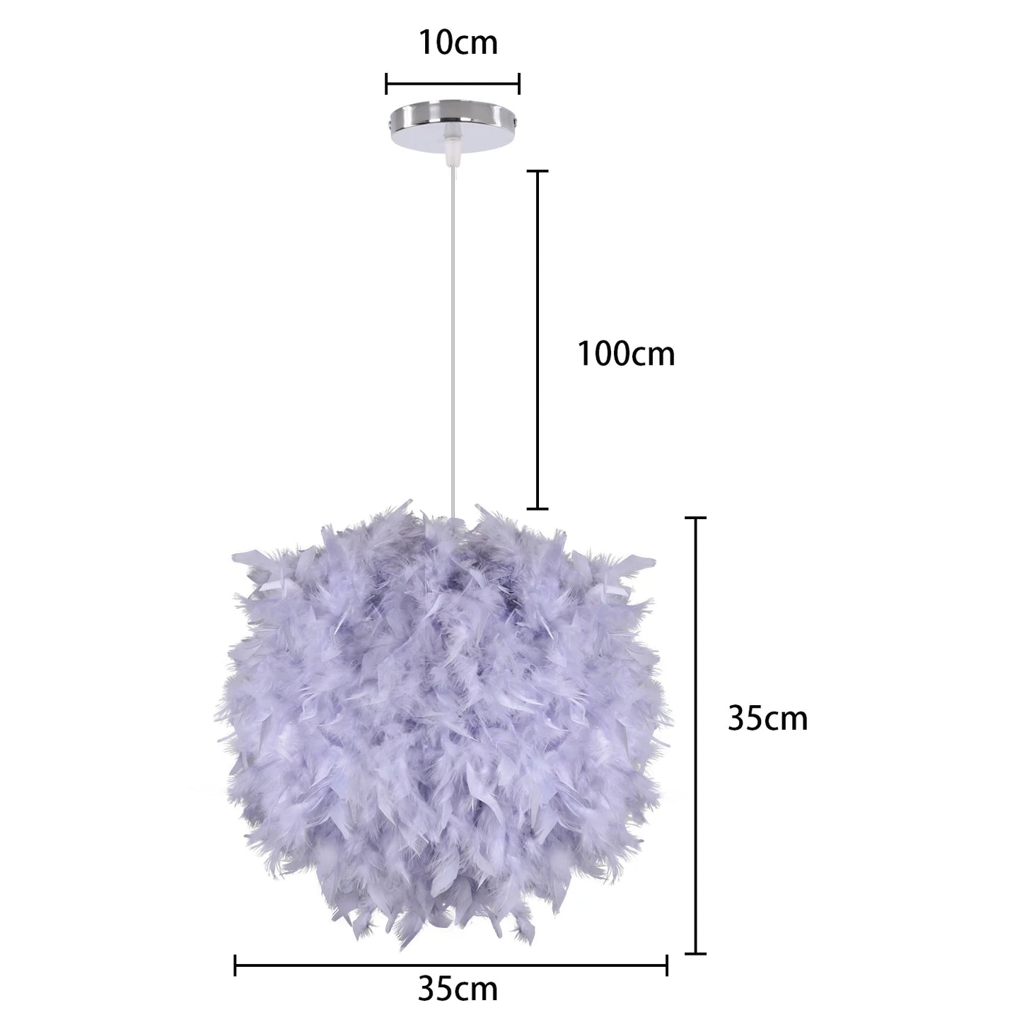 Feathered pendant light with dimensions labeled on a white background