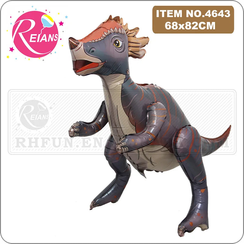Inflatable dinosaur toy with Reians branding on a white background