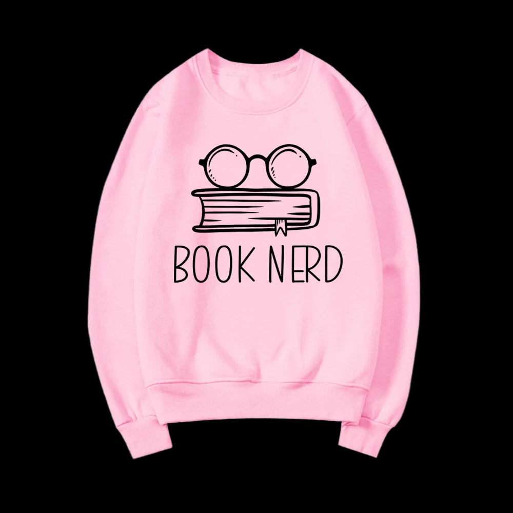Pink sweatshirt with 'Book Nerd' design featuring a book and glasses on a white background