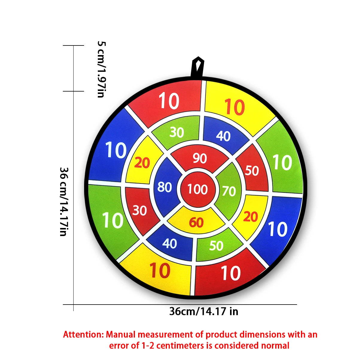 Colorful dartboard with numbered sections and dimensions on a white background