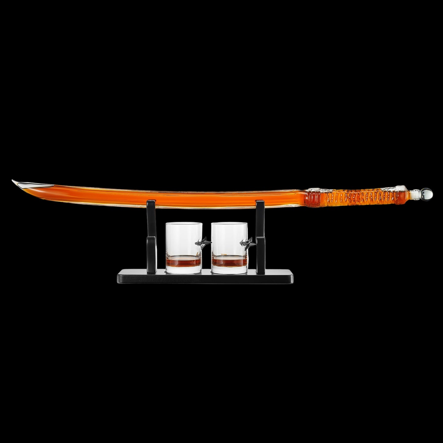 Decorative sword with a sheath and two glasses on a stand against a white background