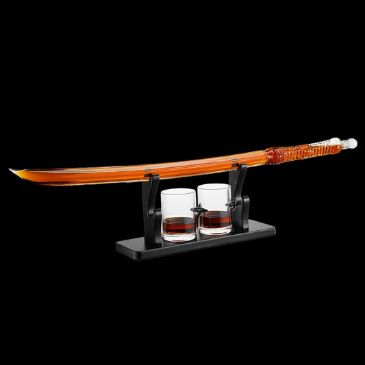 Sword-shaped decanter with two glasses on a stand against a white background