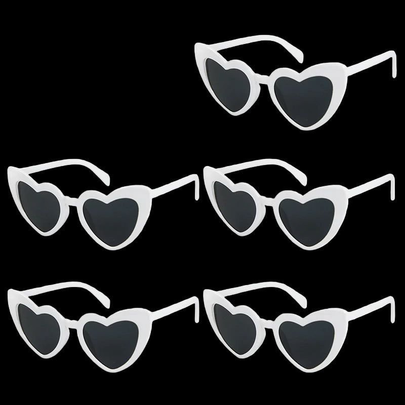 Set of five heart-shaped sunglasses with dimensions displayed.