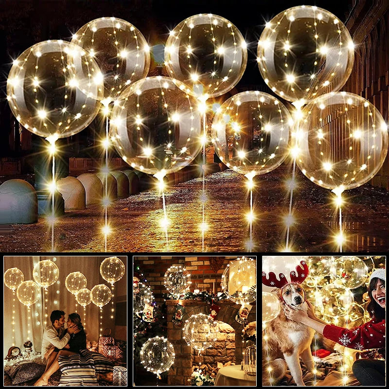 Clear balloons with string lights in various settings