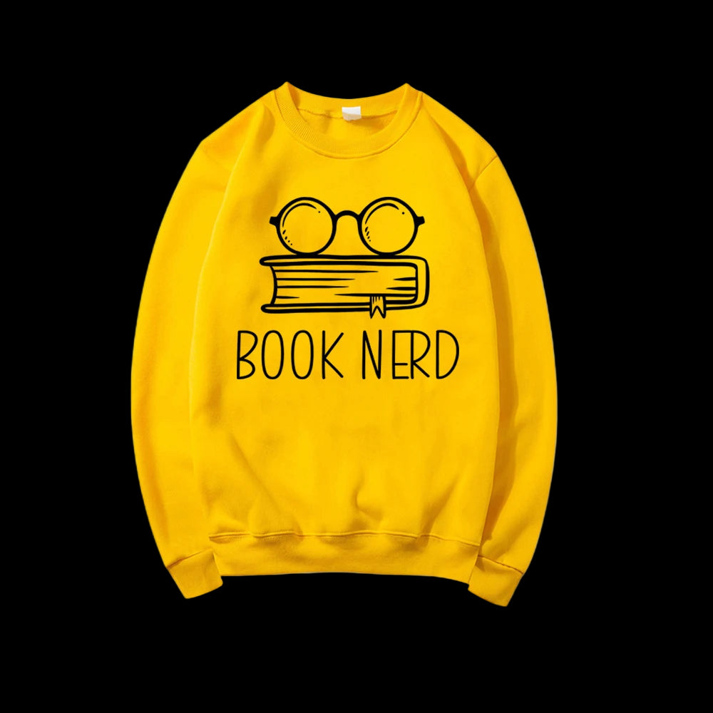 Yellow sweatshirt with 'BOOK NERD' text and book and glasses graphic on a white background