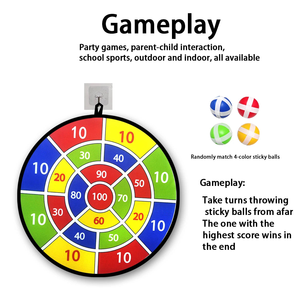 Colorful dartboard with scoring system and text about gameplay and uses.