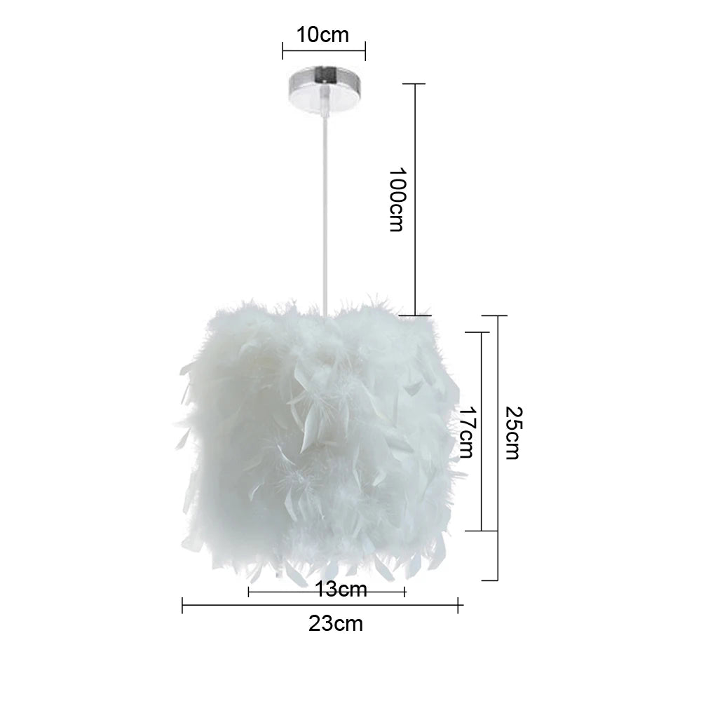Feathered pendant light with dimensions on a white background