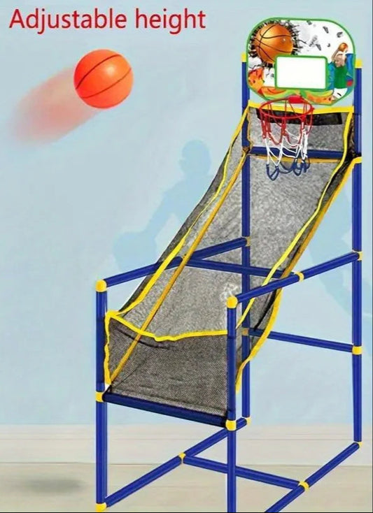 Children's basketball hoop with adjustable height feature on a light blue background