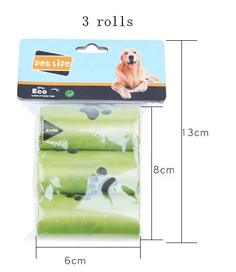 Packaging of Pet Life eco-friendly dog waste bags with dimensions displayed.