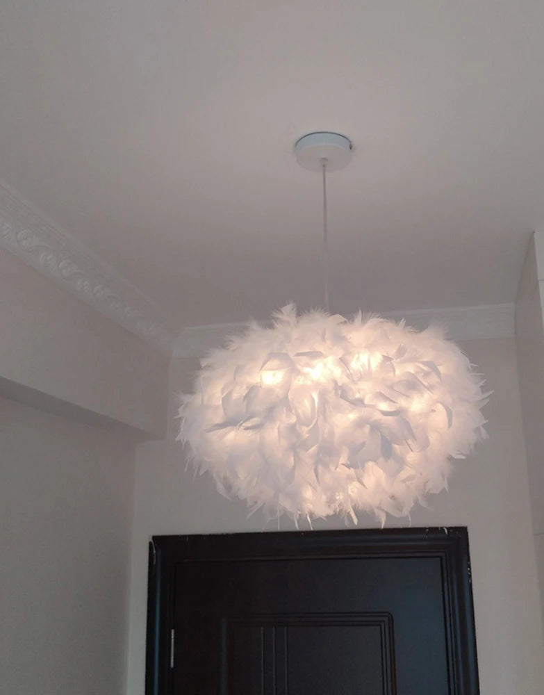 White feathered ceiling light fixture in a room with a door.