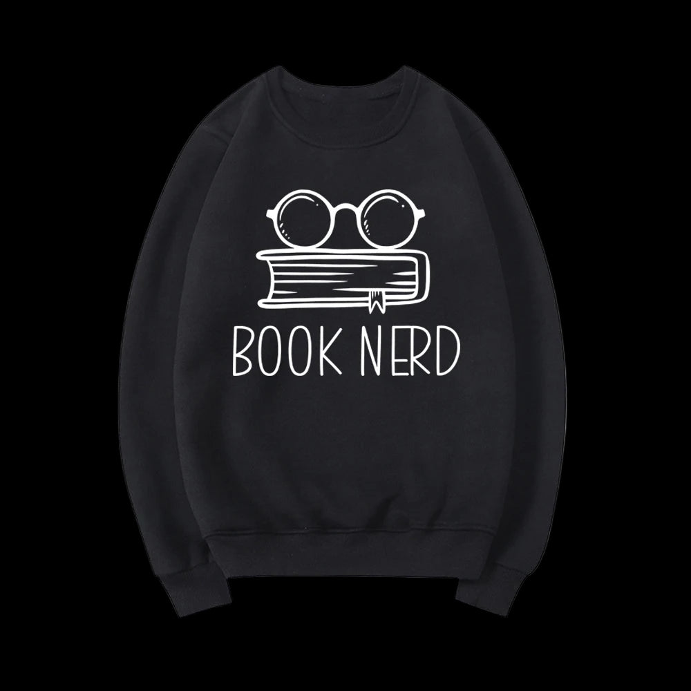 Black sweatshirt with 'Book Nerd' design on a white background