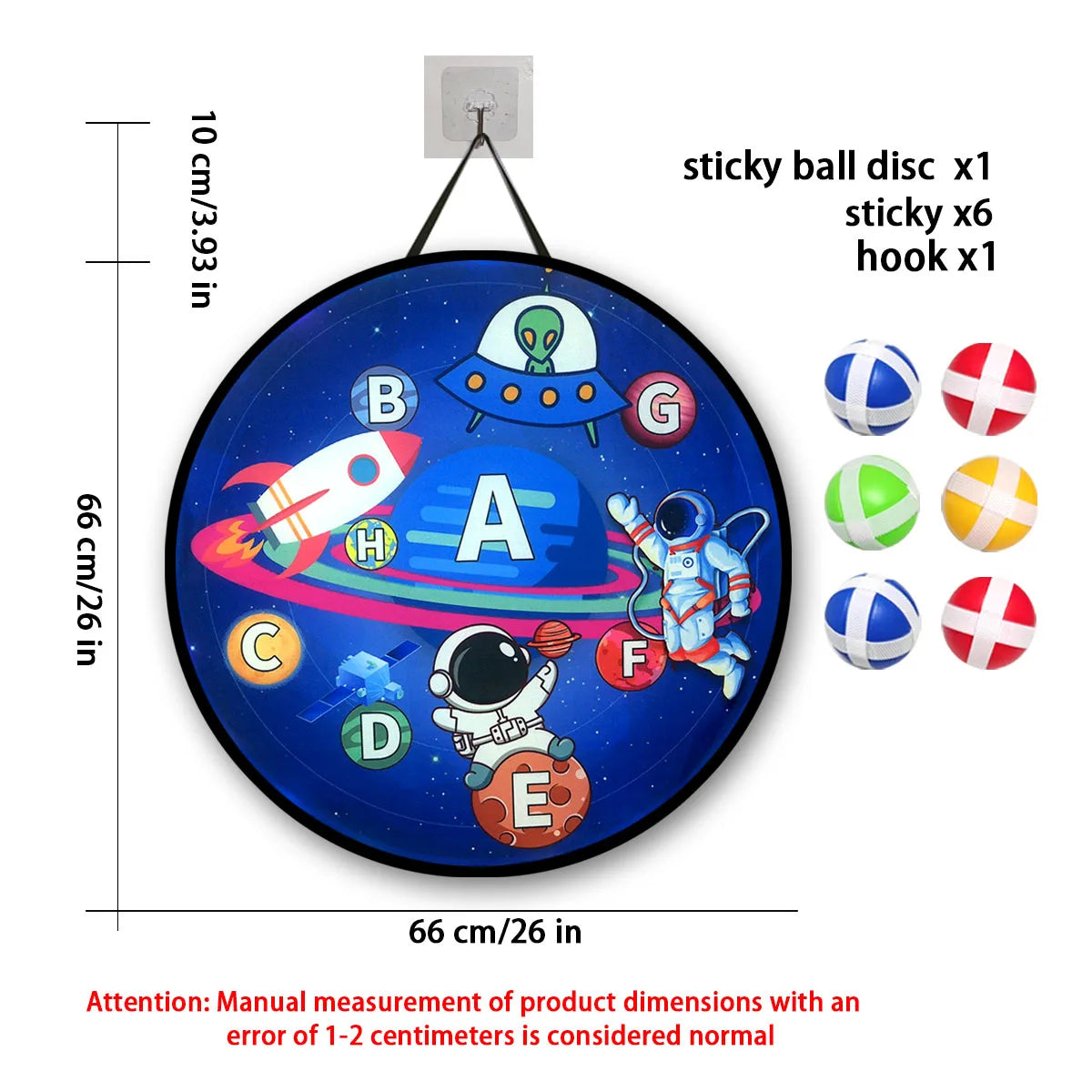 Children's educational game with space-themed design, including a disc, balls, and a hook.