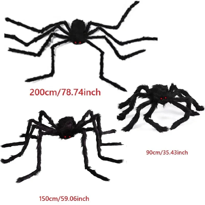 Three black spiders of different sizes with measurements on a white background