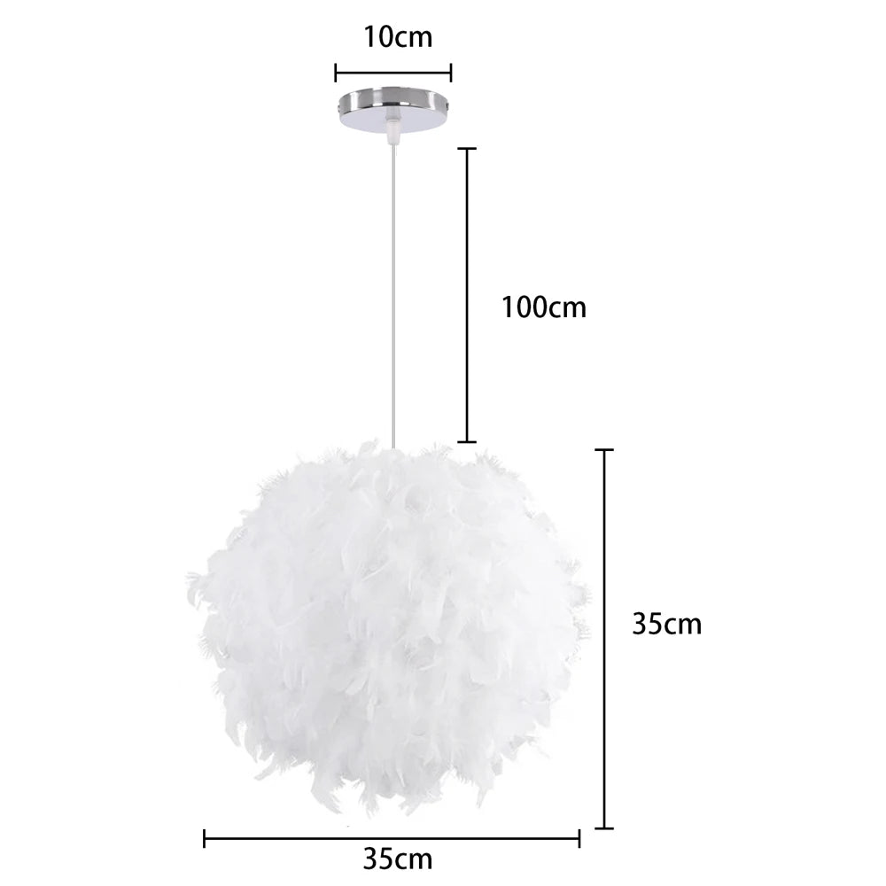 Measurement chart of a white feathered pendant light with dimensions labeled.