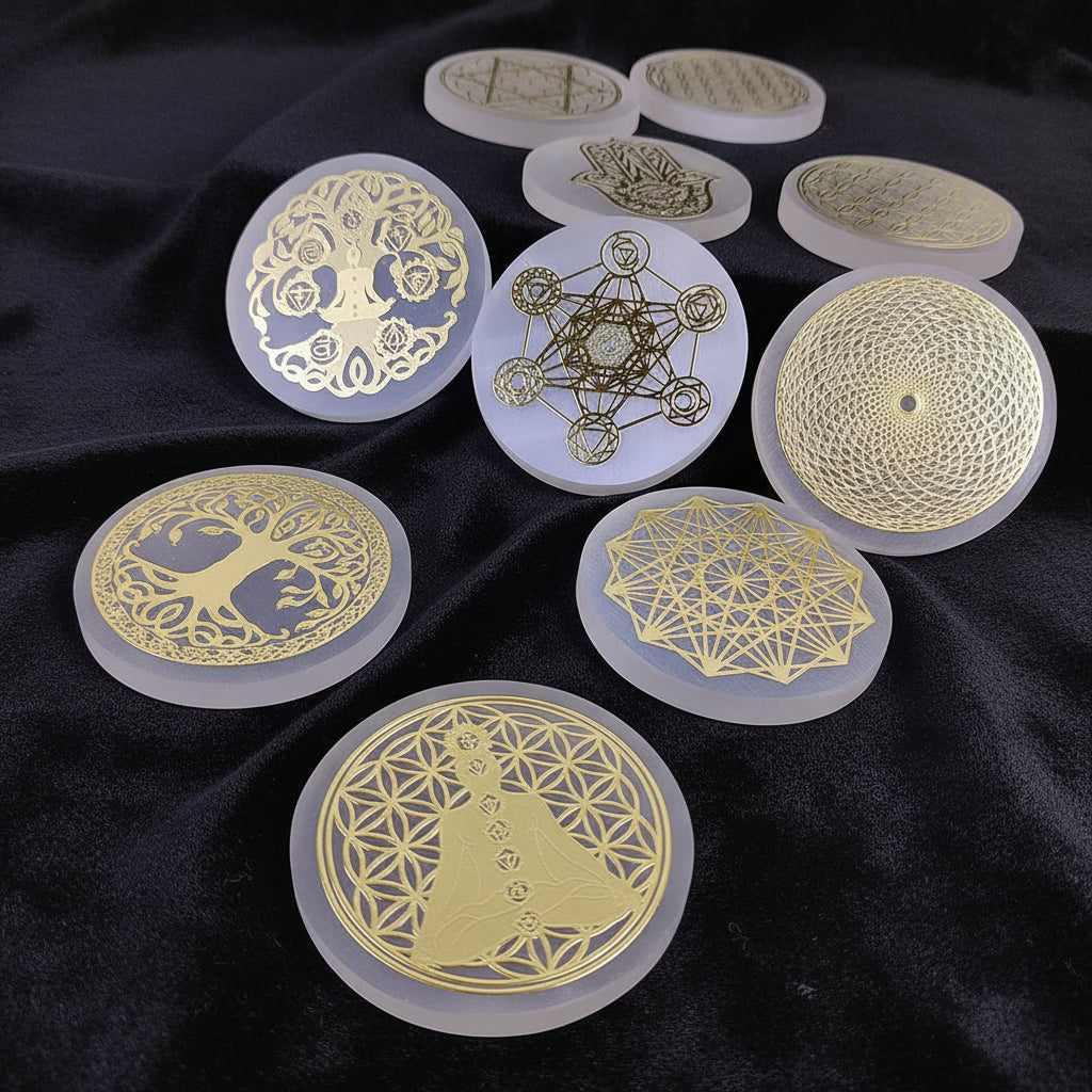 Set of gold embossed silicone molds on a blue fabric background