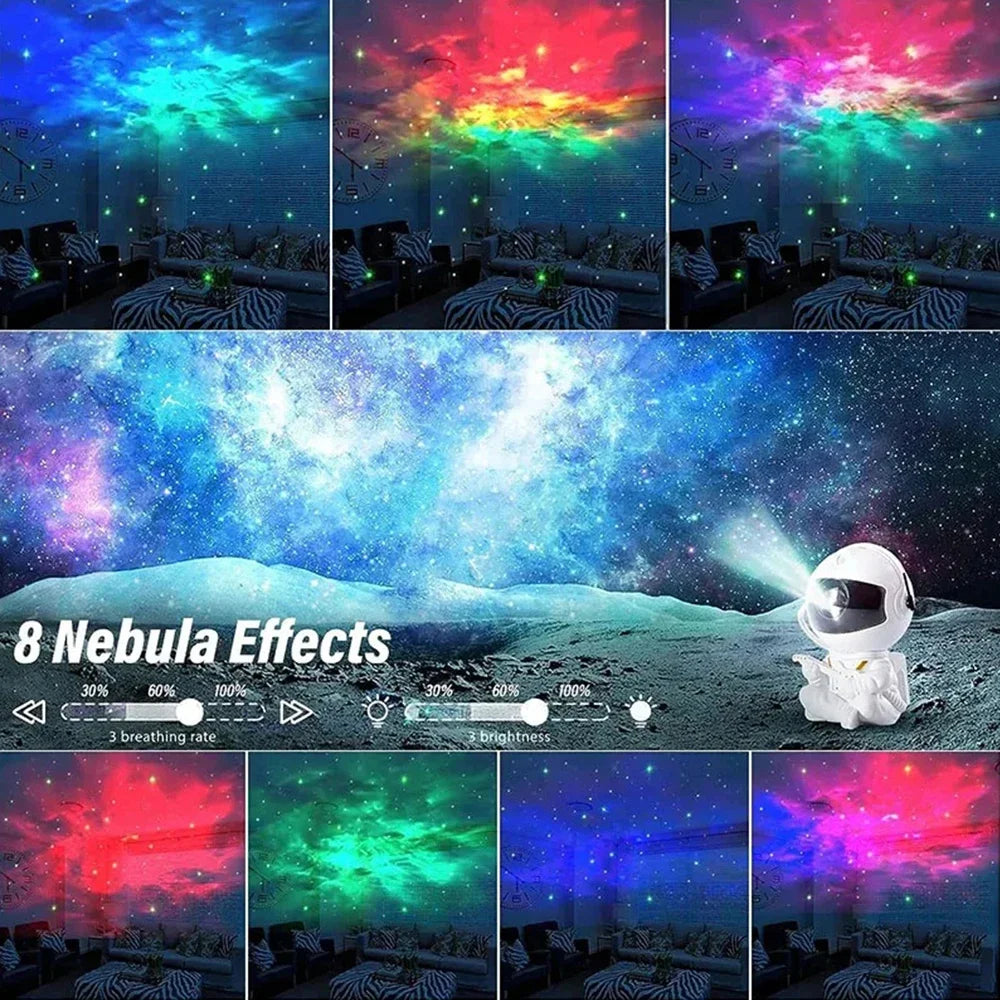 Collage of nebula effects projected onto a ceiling with an astronaut figure on a moon surface.