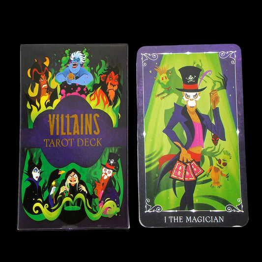 Villains Tarot Deck with a card featuring 'The Magician' on a white background