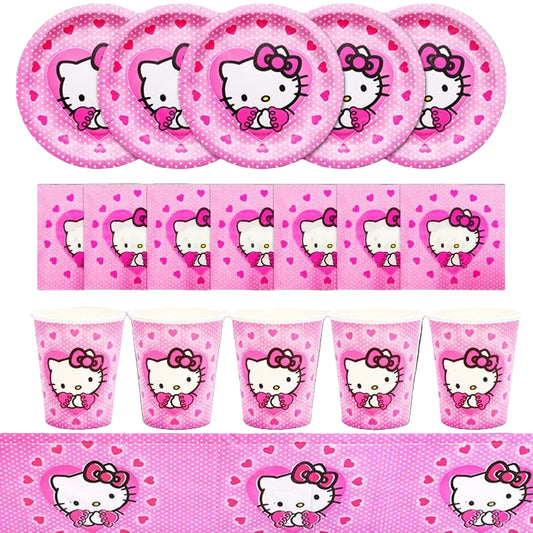 Hello Kitty-themed party supplies including plates, cups, and tablecloth on a pink background.