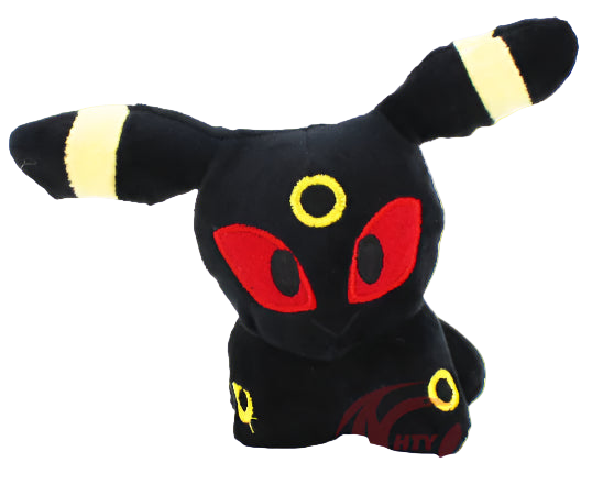 Black plush toy with red eyes and yellow accents on a white background