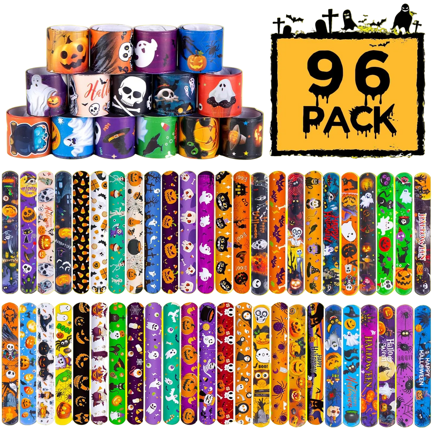 96-pack of Halloween-themed wristbands with various designs on a white background.