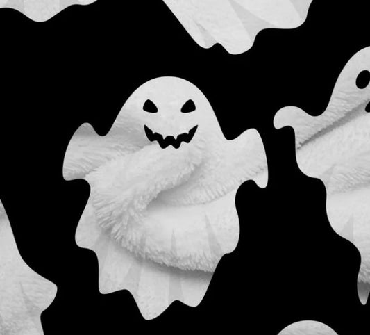 White ghost-shaped products on a black background with text 'Lightweight & Skin Friendly Material'.
