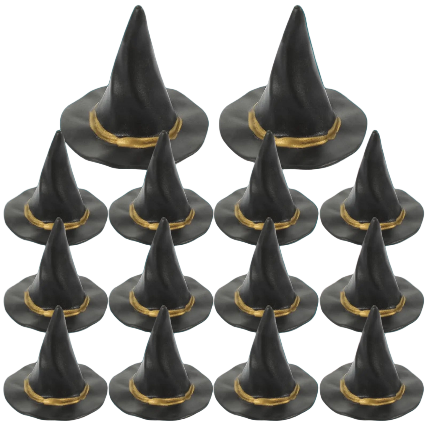 Set of black witch hats with gold bands on a white background