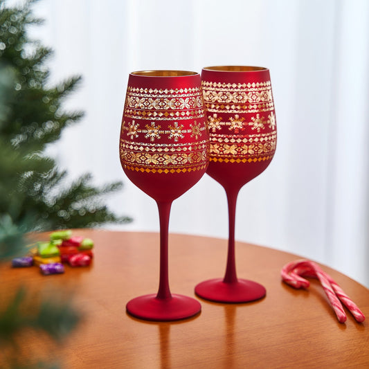 Crystal Stemmed Christmas Wine Glasses Goblets - Set of 2 - Vibrant Themed Red & Gold Etched Winter Snow Wonderland Frosted Glass, Perfect Holiday Themed Seasonal Parties, Great for Christmas & Gifts-2