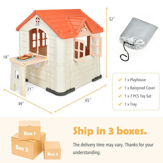 Playhouse with dimensions and components listed, including a rainproof cover and toy set.