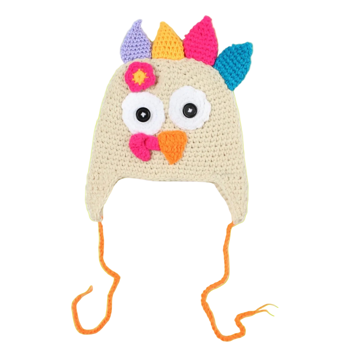 Colorful owl-themed crochet hat with spiky ears on a white background
