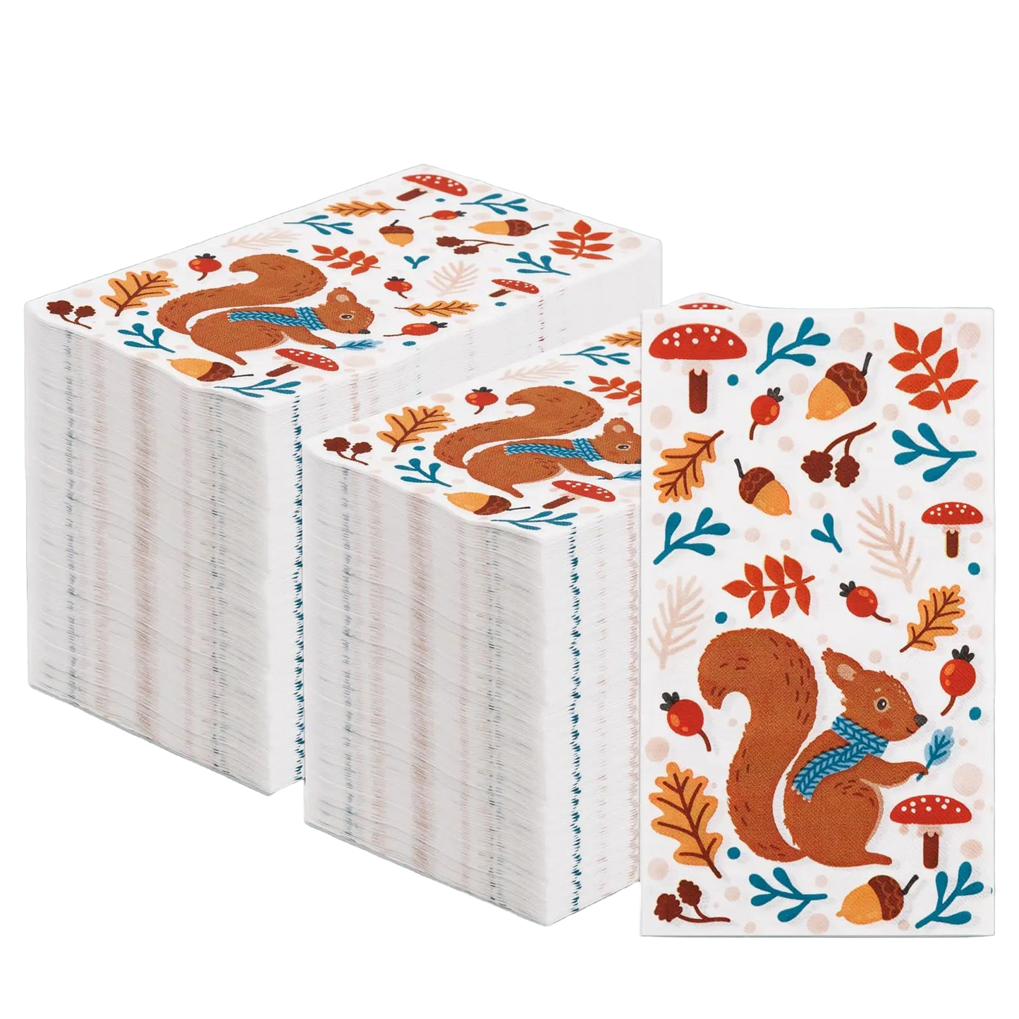Stack of paper napkins with autumn-themed design featuring squirrels and leaves on a white background.