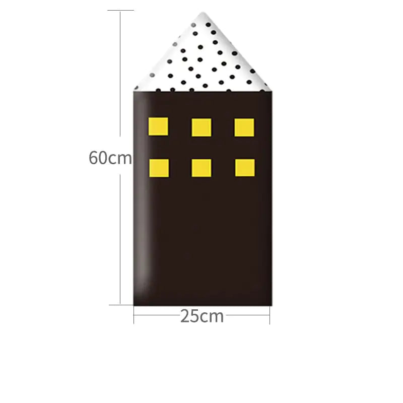 Measurement chart of a small house-shaped object with dimensions labeled.