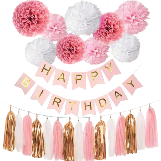 Decorative birthday banner with pink and white flowers and tassels on a white background