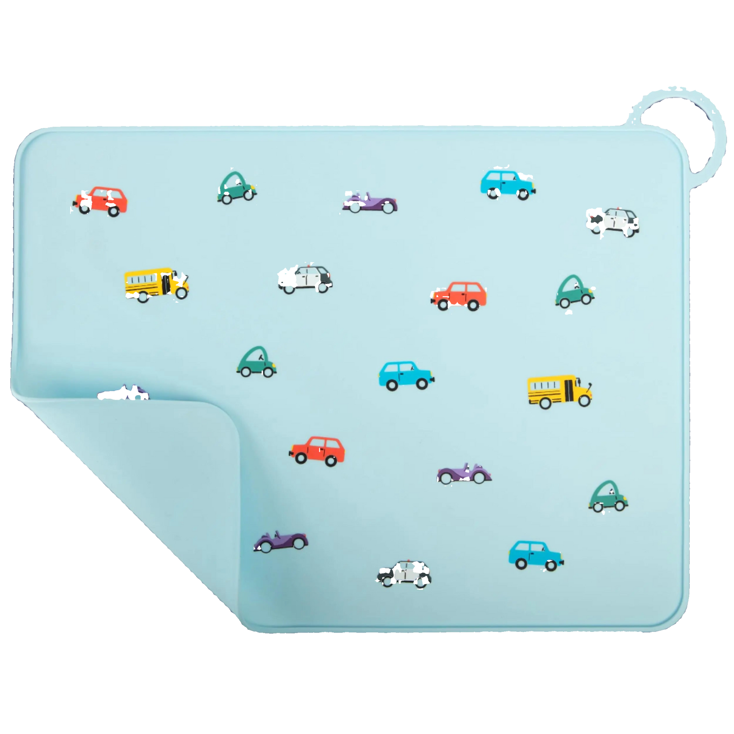 Blue mat with colorful car illustrations on a white background