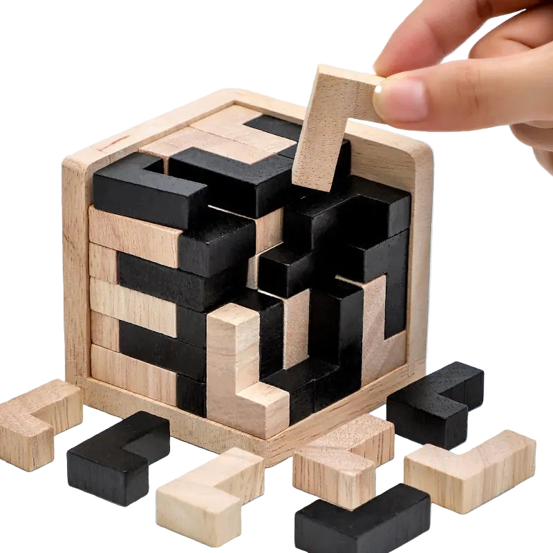 Wooden puzzle with black and natural wooden blocks on a light blue background