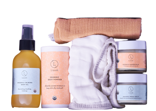 Set of skincare and wellness products in a box with Linum branding.