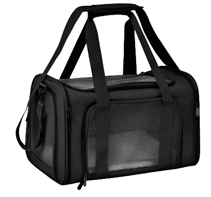 Black pet carrier with mesh side on a white background