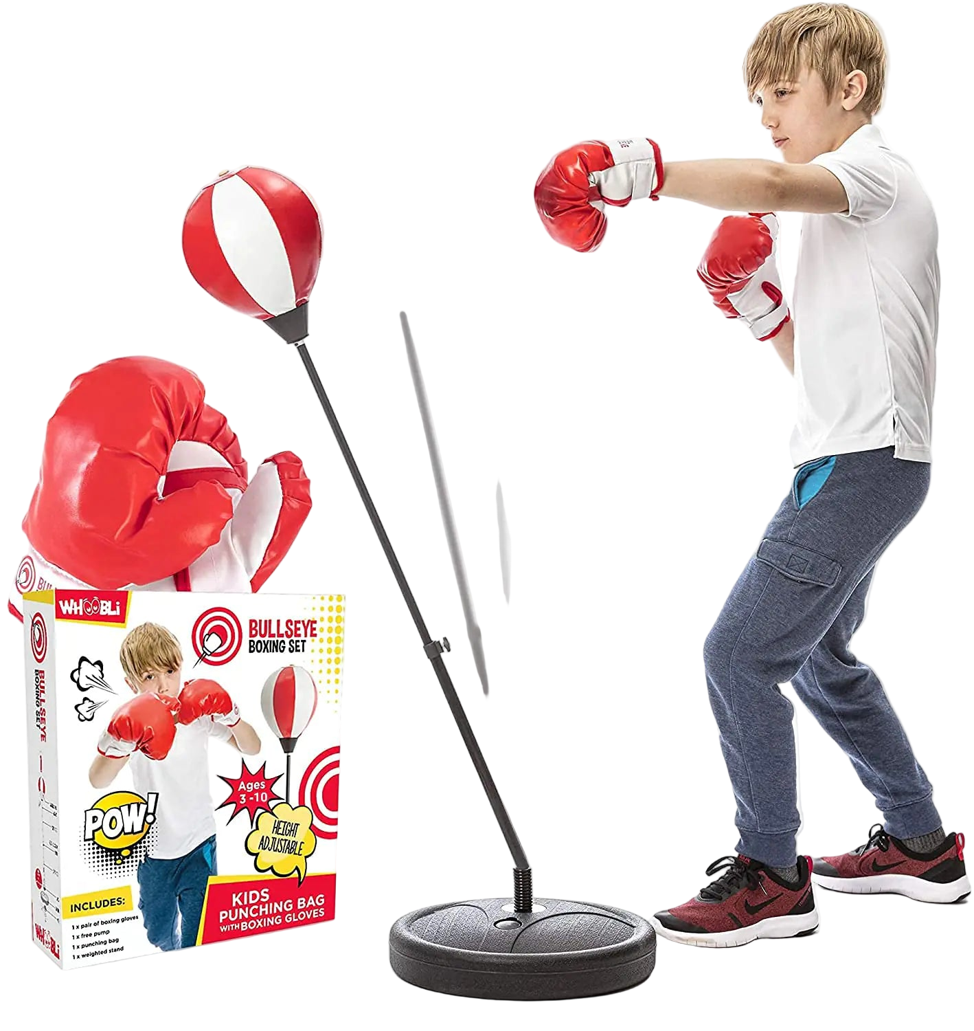 Child playing with a boxing set including gloves and punching bag, with packaging in the foreground.