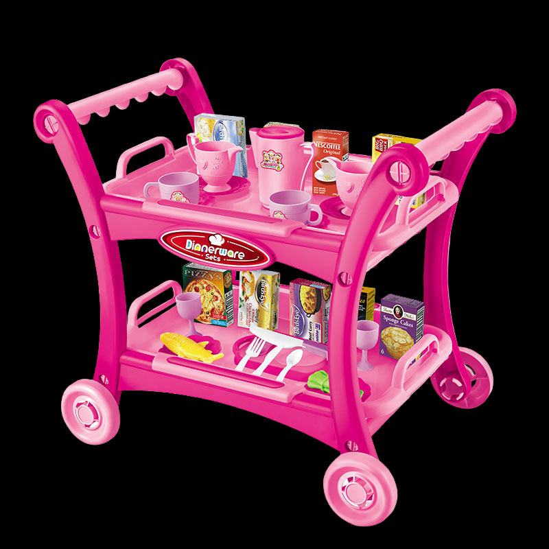 Pink toy serving cart with tea set and snacks on a white background