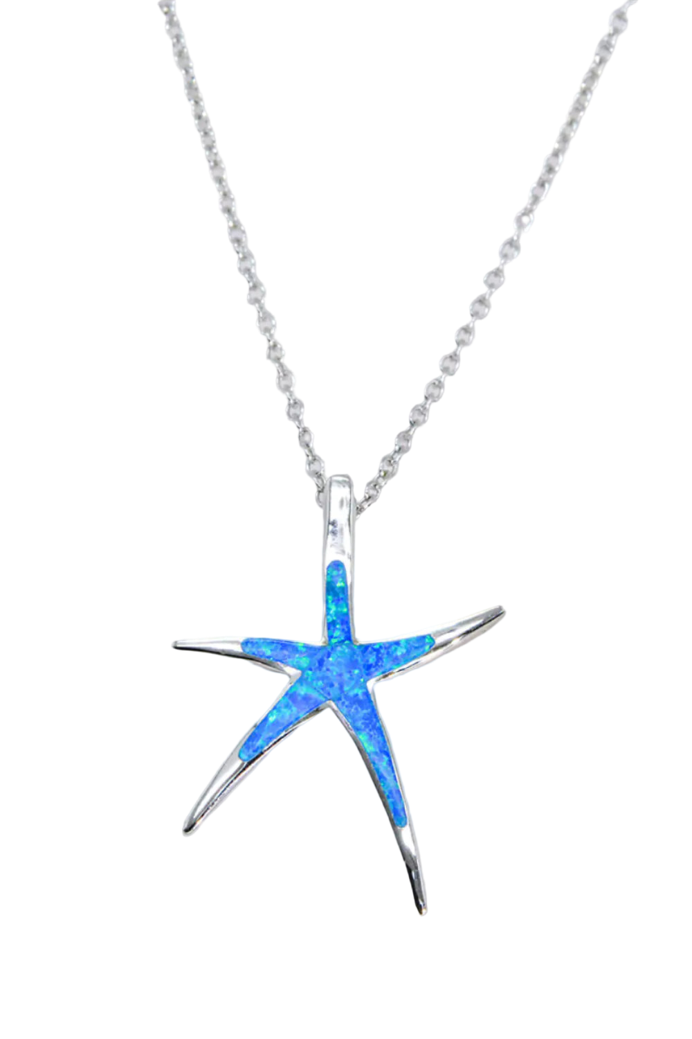 Star-shaped pendant with blue opal inlay on a silver chain against a white background