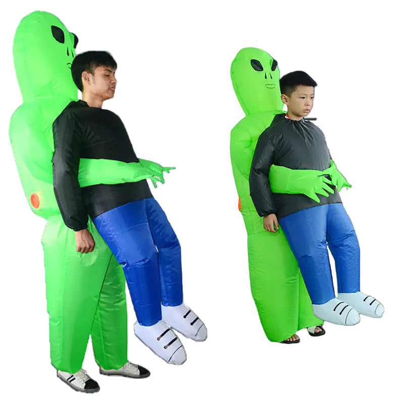 Two people wearing green alien costumes against a space-themed background