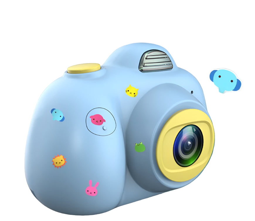 Children's toy camera with colorful stickers on a blue background