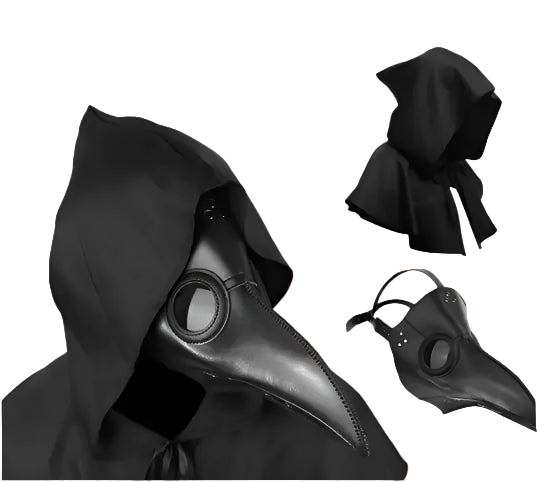 Black hooded cloak with a bird-like mask on a white background