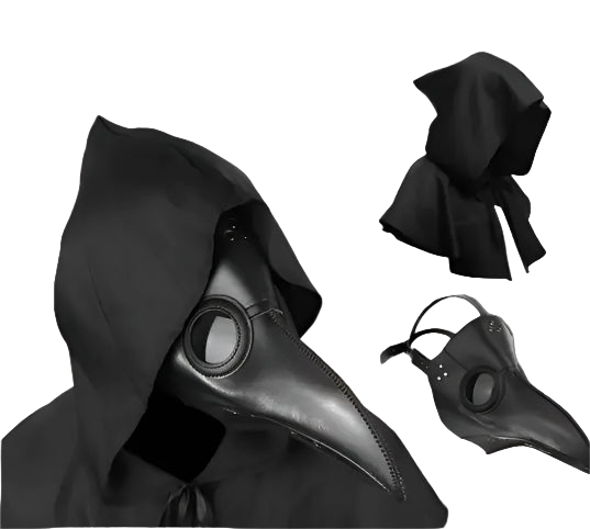 Black hooded cloak with a bird-like mask on a white background