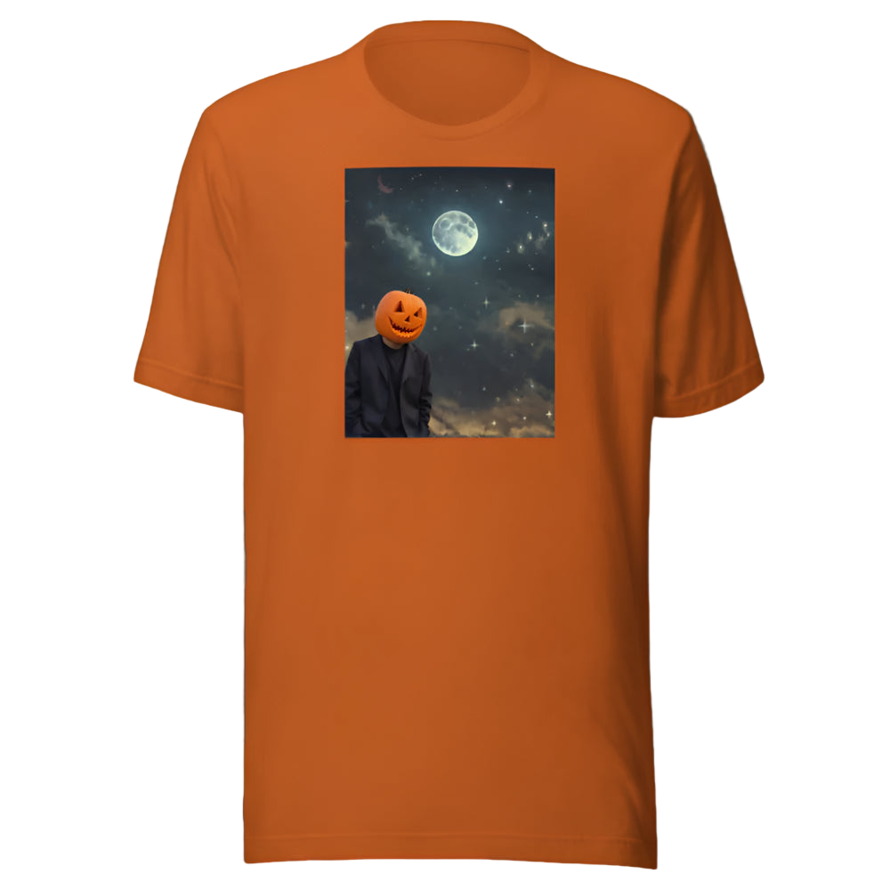 Orange t-shirt with a graphic of a person with a pumpkin head against a night sky with a moon.