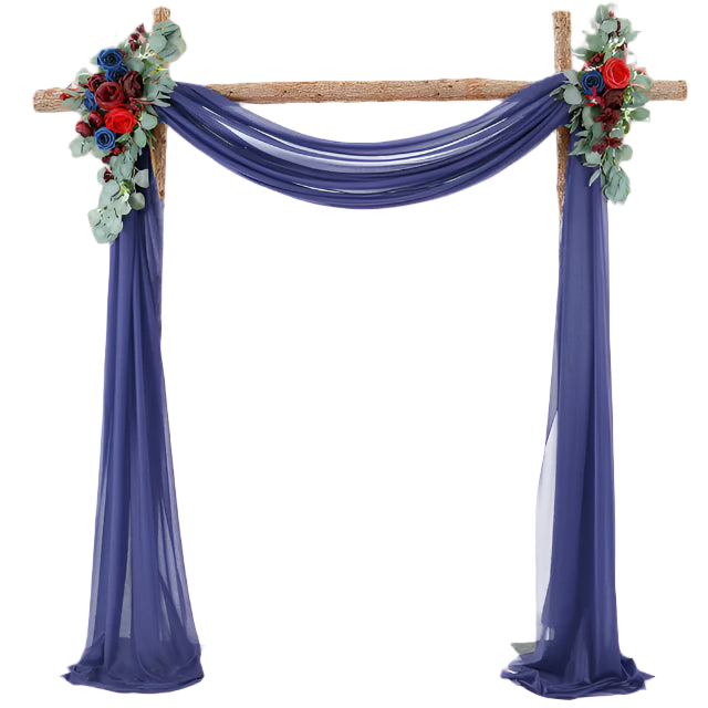 Decorative arch with purple fabric and floral arrangements on a white background
