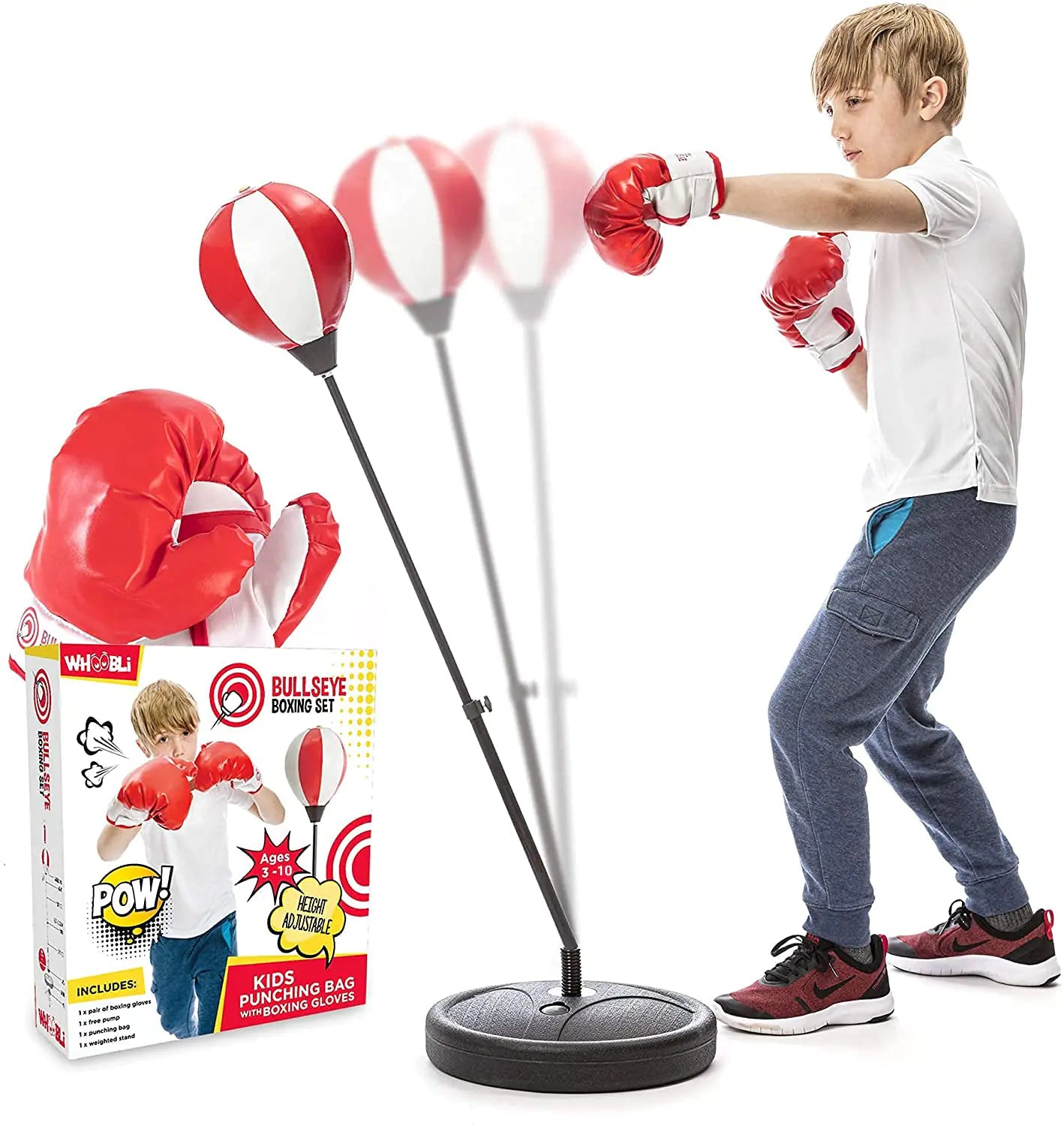 Child playing with a boxing set including gloves and punching bag, with packaging in the foreground.