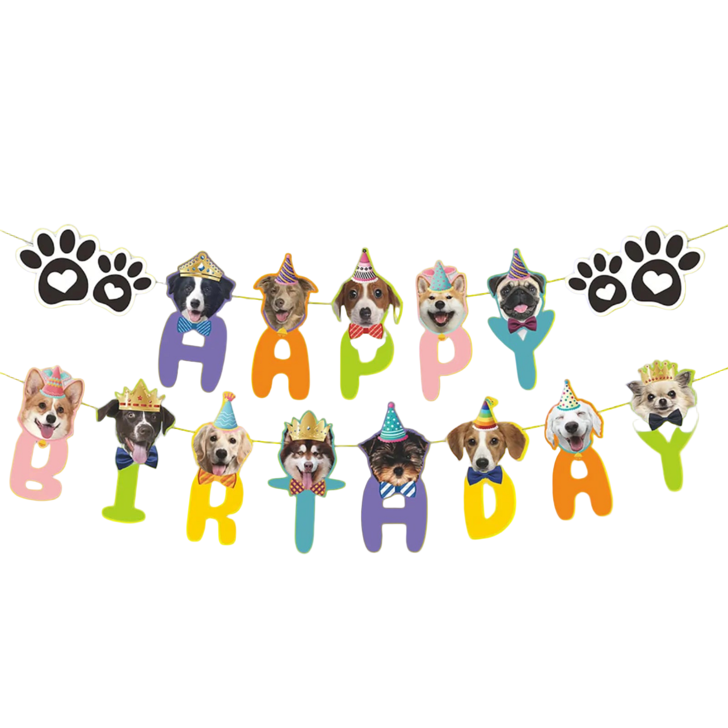 Dog-themed birthday banner with colorful letters spelling 'Happy Birthday' on a white background.
