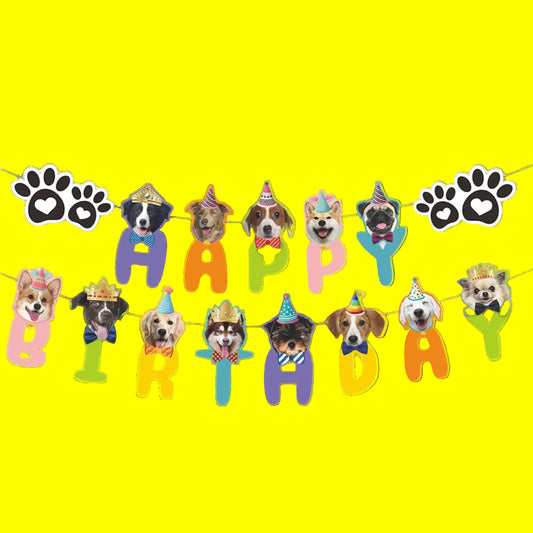 Dog-themed birthday banner with colorful letters spelling 'Happy Birthday' on a white background.