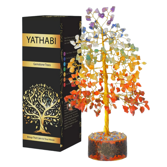 Colorful gemstone tree next to its packaging with 'Yathabi' branding.