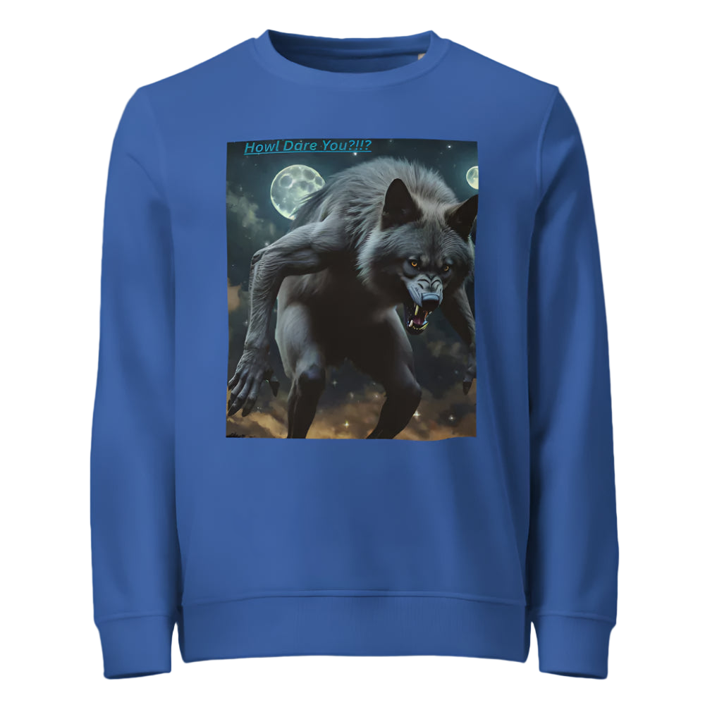 Blue sweatshirt with a graphic of a wolf and moon on a white background